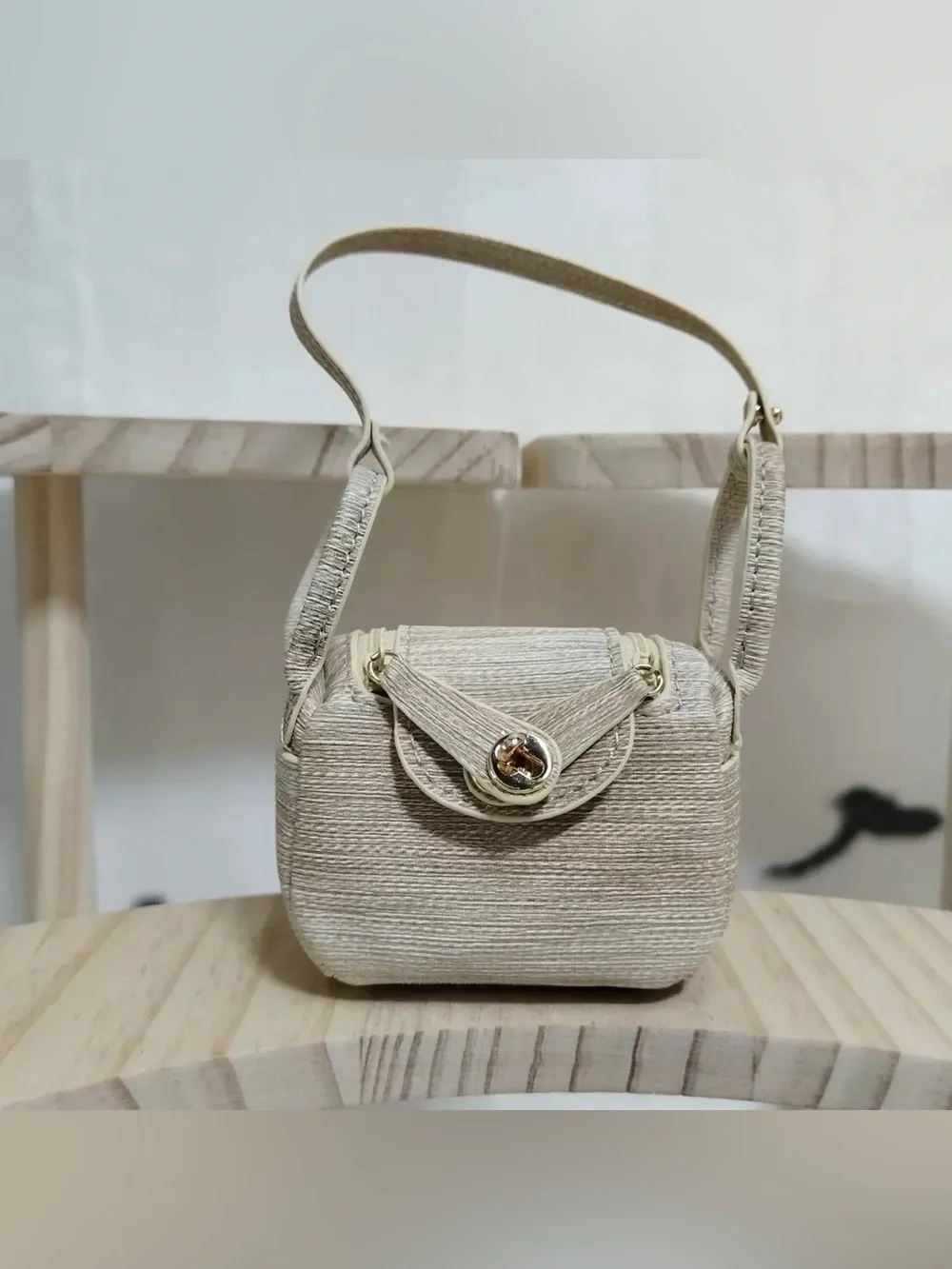 Mini Top Handle Bag Charm Woven Texture Coin Pouch Beige Luxury Style